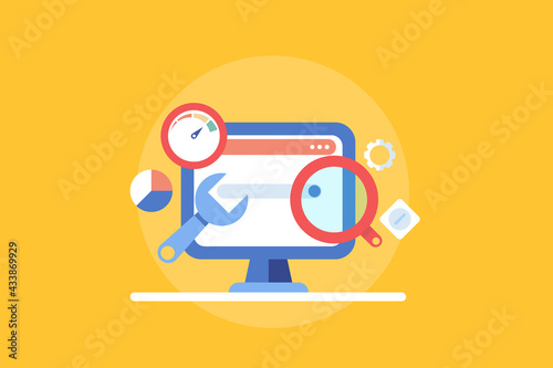 SEO software tool, improve search engine ranking, website optimization, Digital marketing, crm solution, business technology and marketing solution, flat design banner background.