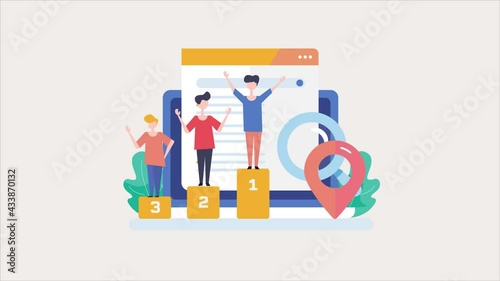 SEO ranking - Search engine ranking position, SEO success. Marketing team celebrating SEO top ranking, digital marketing concept. 2d animation 4k video clip. photo