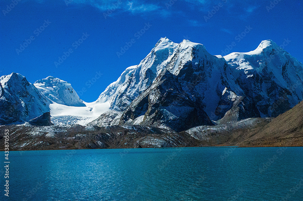 Gurudongmar Lake, Sikkim, India and it's way from Lachen, North Sikkim. A holy lake never fully freezes. It is said that Goutam Buddha drinks water from this lake.