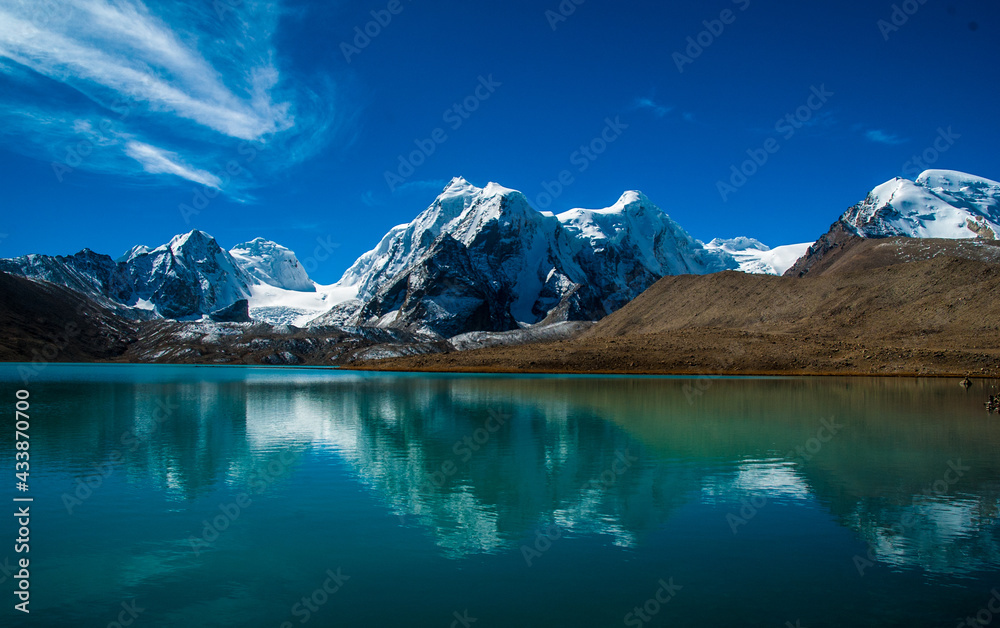 Gurudongmar Lake, Sikkim, India and it's way from Lachen, North Sikkim. A holy lake never fully freezes. It is said that Goutam Buddha drinks water from this lake.