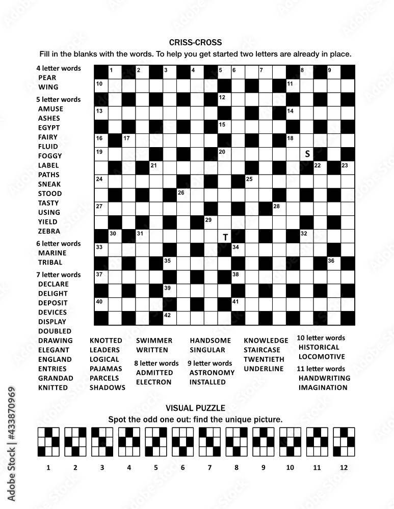 Puzzle page with 19x19 crisscross (fillin) crossword word game (English language) and abstract