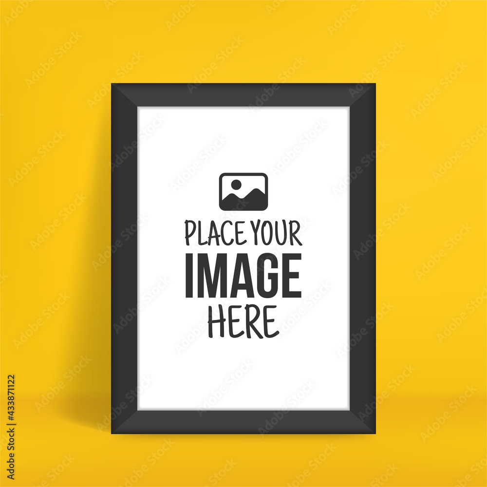 Portrait photo mockup on yellow wall, Empty interior picture frame for your design prints