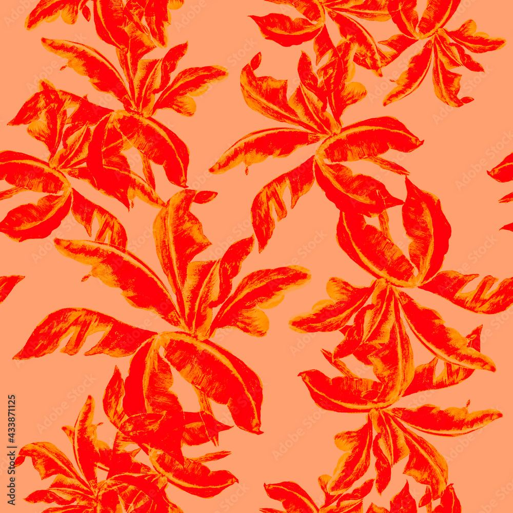 Rusty Banana Leaf Decor. Scarlet Isolated Palm. Pink Seamless Background. Red Pattern Leaves. Fuchsia Watercolor Painting. Tropical Design. Botanical Print. Rusty Banana Leaf Decor. Scarlet Isolated Palm. Pink Seamless Background. Red Pattern Leaves. Fuchsia Watercolor Painting. Tropical Design. Botanical Print.