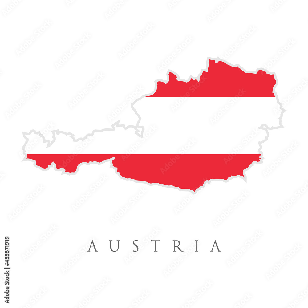 Flag map of Austria. Republic of Austria flag in country silhouette. Landmass and borders as outline, within the banner of the nation in colors red and white. Flag map of Austria. Republic of Austria flag in country silhouette. Landmass and borders as outline, within the banner of the nation in colors red and white.
