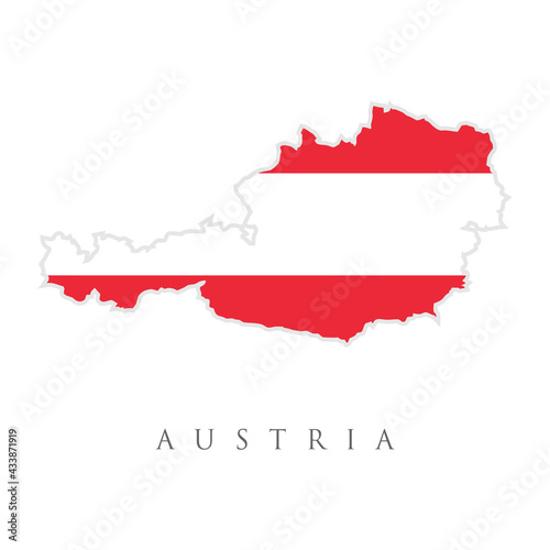 Flag map of Austria. Republic of Austria flag in country silhouette. Landmass and borders as outline  within the banner of the nation in colors red and white.