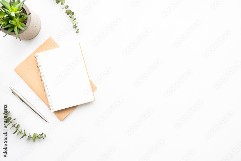 Blank notebook with pen are on top of white office desk table with green eucalyptus and cactus pot decoration. Top view with copy space, flat lay. Blank notebook with pen are on top of white office desk table with green eucalyptus and cactus pot decoration. Top view with copy space, flat lay.