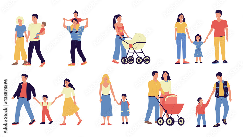 Families. Parents and kids walking together. Mothers hold children by hands. Fathers carry toddlers in baby carriages. Couples spend time with sons or daughters. Vector cute scenes set
