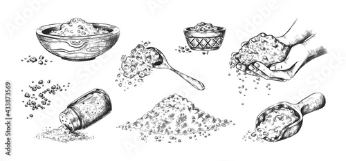 Sea salt sketch. Hand drawn seasoning in wooden bowls or glass saltcellar. Scoop and spoon full of crystals. Black and white salty spices. Vector cooking ingredient for food conservation photo