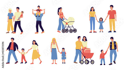Families. Parents and kids walking together. Mothers hold children by hands. Fathers carry toddlers in baby carriages. Couples spend time with sons or daughters. Vector cute scenes set