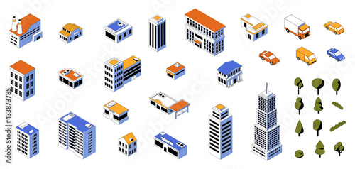 Isometric city kit. 3D buildings low poly constructor with cars and modern architecture. Business and residential houses. Stores or industrial factories. Vector cityscape elements set