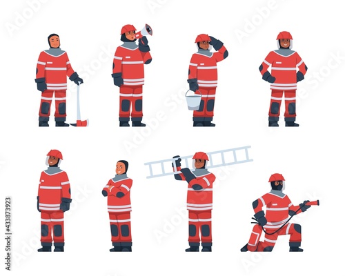 Firefighter. Cartoon fireman characters wear professional rescue uniform. Men hold flame extinguisher and ladder. Emergency service worker speak into megaphone. Vector fire department