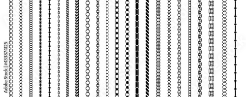 Chain. Black silhouettes of necklaces. Seamless jewelry mockup. Abstract classic link connection, bijouterie accessory types set. Decorative strength border elements. Vector ornament