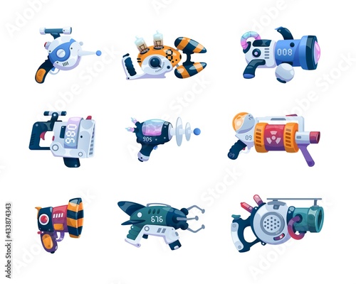 Game weapon. Cartoon space alien blaster with futuristic laser. Future beam gun, cosmic combat blast arms. Fictional weaponry set. Raygun with handle and trigger. Vector play asset