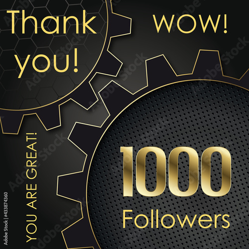 Danke für 1000 Followers in gold metallisch glänzend mit Zahnrädern auf schwarzem Hintergrund für soziale Medien Post