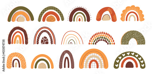 Hand drawn rainbow. Doodle multicolor arcs. Cartoon childish sticker set. Pastel curve lines. Minimal Scandinavian graphic print. Decorative Boho elements. Vector rainy weather signs