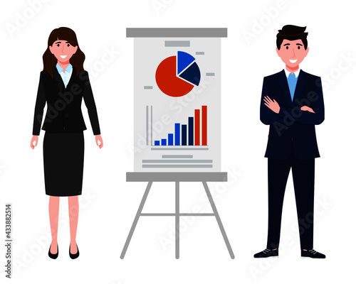 Cute young businessman and businesswoman character wearing beautiful business outfit standing with sales presentation board and posing pointing waving