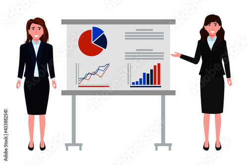 Cute young businesswoman characters wearing beautiful business outfit standing with sales presentation board and posing pointing