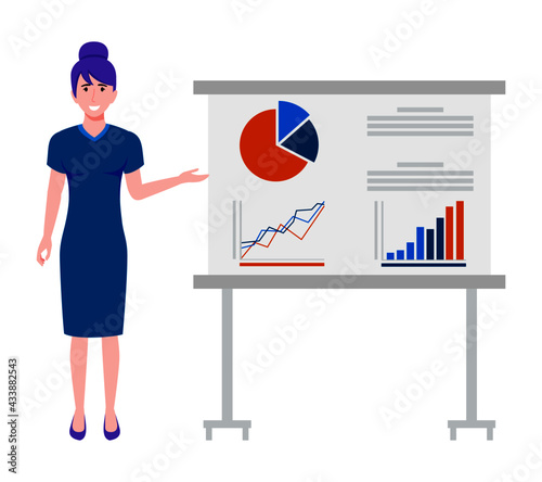 Cute young businesswoman character wearing beautiful business outfit standing with sales presentation board and posing pointing isolated