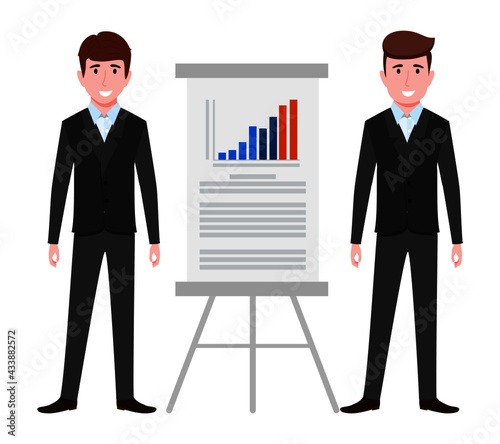 Cute young businessman characters wearing beautiful business outfit standing with sales presentation board and posing isolated