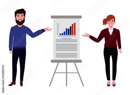 Cute young businessman and businesswoman character wearing beautiful business outfit standing with sales presentation board and posing pointing  isolated