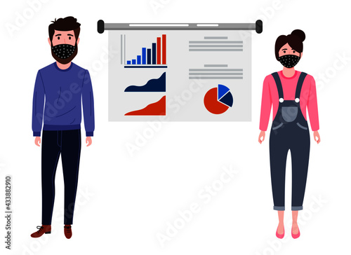 Cute young businessman and businesswoman character wearing beautiful business outfit and facial fabric mask standing with sales presentation board and pointing waving isolated