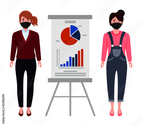 Cute young businesswoman characters wearing beautiful business outfit and facial fabric mask standing with sales presentation board and pointing waving isolated