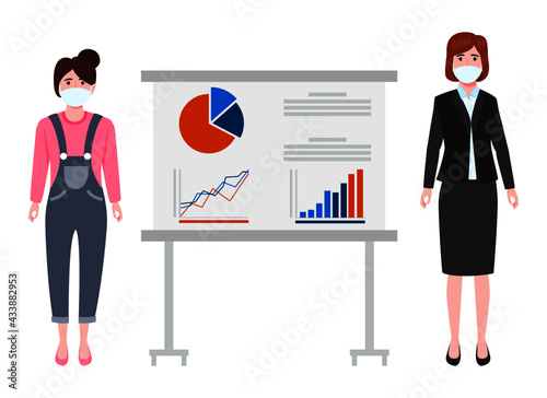 Cute young businesswoman characters wearing beautiful business outfit and facial mask standing with sales presentation board and pointing isolated