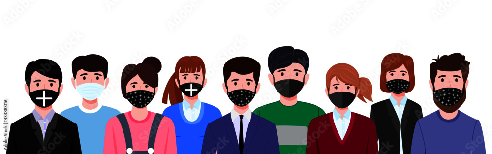 Cute young businessman and businesswoman characters team set wearing beautiful business outfit and facial fabric mask Cute young businessman and businesswoman characters team set wearing beautiful business outfit and facial fabric mask