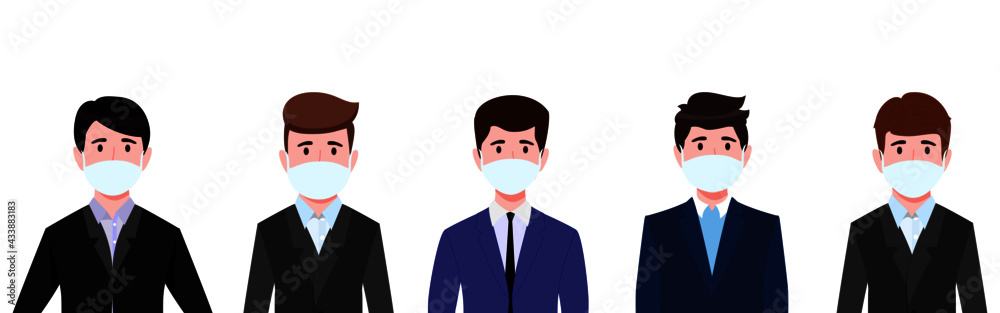 Cute young businessman characters team set wearing beautiful business outfit and facial fabric mask isolated
