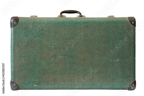 Vintage leather green suitcase isolated on white background