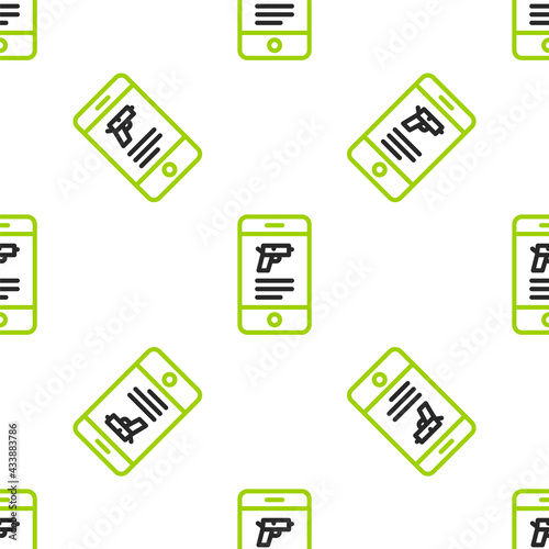 Line Hunting shop with rifle and gun weapon in mobile app icon isolated seamless pattern on white background. Supermarket or store with weapon equipment. Vector
