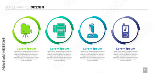 Set Retro cinema camera, Printer, Joystick for arcade machine and Music player. Business infographic template. Vector