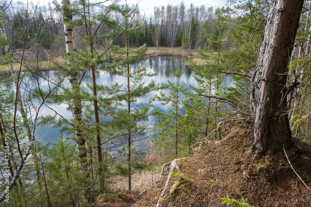 A steep bank on the shore of a lake on a sunny spring day. A steep bank on the shore of a lake on a sunny spring day.
