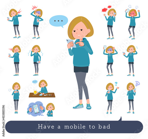 スマホを使って不幸せなパーカーを着た女性のセット