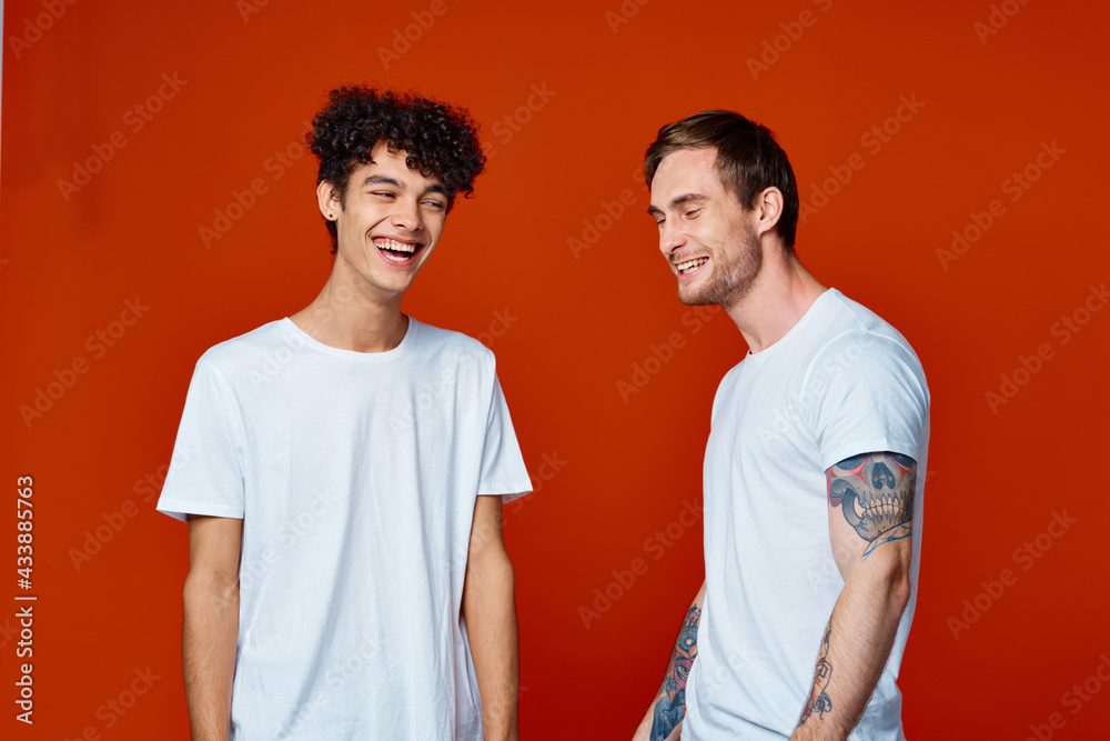 Two cheerful man friendship communication joy isolated background Two cheerful man friendship communication joy isolated background