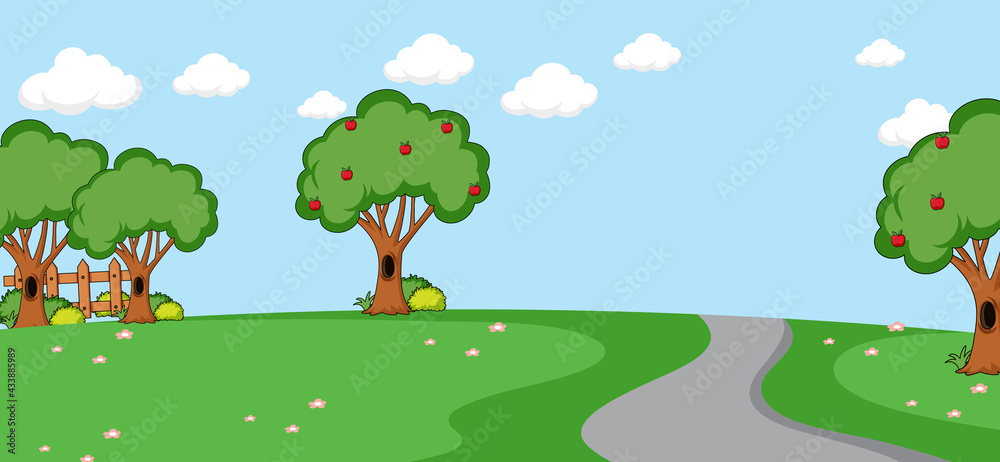 Empty park landscape scene with long road Empty park landscape scene with long road