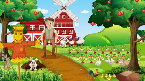 Farm scene at daytime with old farmer man and cute animals