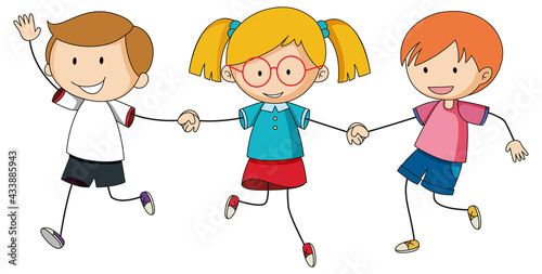 Three kids holding hands cartoon character hand drawn doodle style isolated