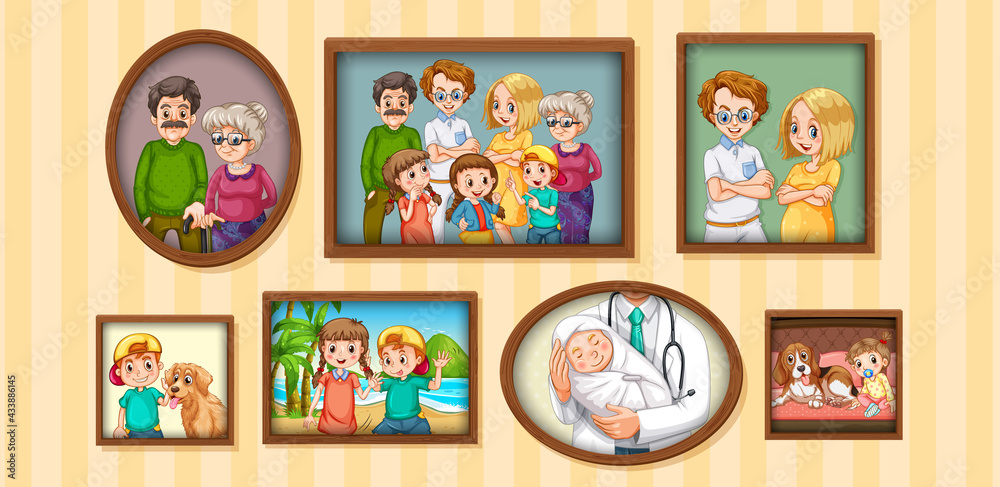 Fototapeta premium Set of happy family photo on the wooden frame