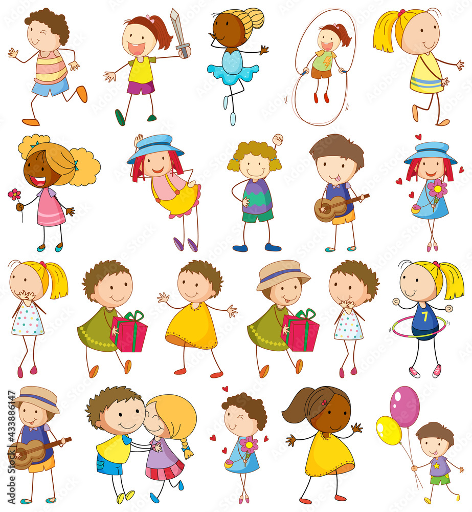 Set of different kids in doodle style Set of different kids in doodle style