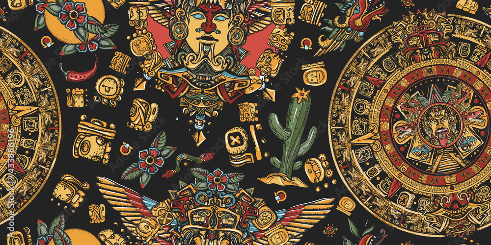 Aztec sun stone, golden totem and mayan glyphs seamless pattern. Ancient Maya Civilization background. Mexican mesoamerican culture