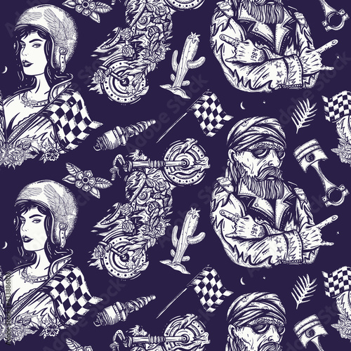 Bikers lifestyle seamless pattern. Pin up girl, spark plug. Racers background. Bearded biker man, burning chopper motorcycle, race flag, rider sport woman