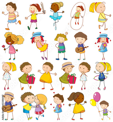 Set of different kids in doodle style
