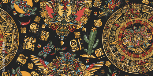 Aztec sun stone, golden totem and mayan glyphs seamless pattern. Ancient Maya Civilization background. Mexican mesoamerican culture