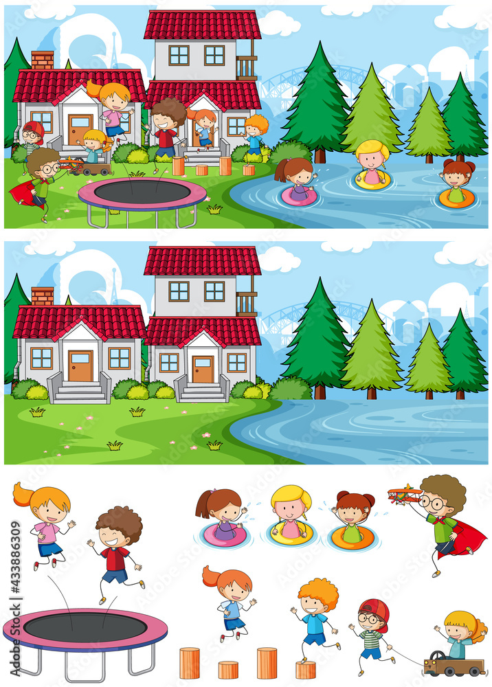 Park scene set with many kids doodle cartoon character isolated Park scene set with many kids doodle cartoon character isolated