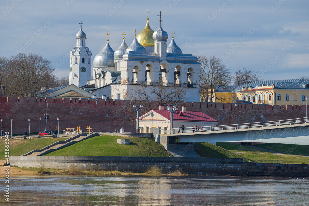 View of the belfry and domes of Hagia Sophia on a sunny April morning. Kremlin of Veliky Novgorod, Russia