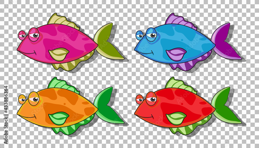 Set of many funny fishes cartoon character isolated on transparent background