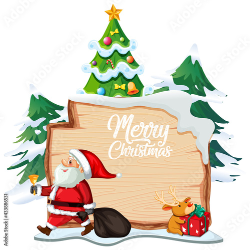 Merry Christmas font logo on wooden board with Christmas cartoon character on...