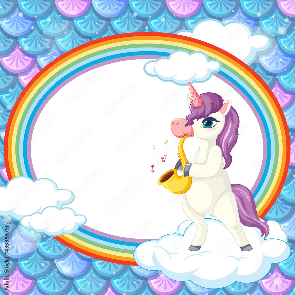 Fototapeta premium Rainbow oval banner with unicorn cartoon character on rainbow fish scales background