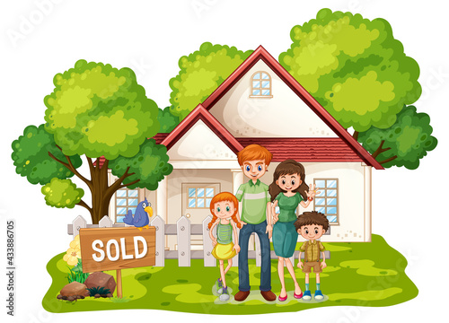 Family standing in front of a house for sale on white background